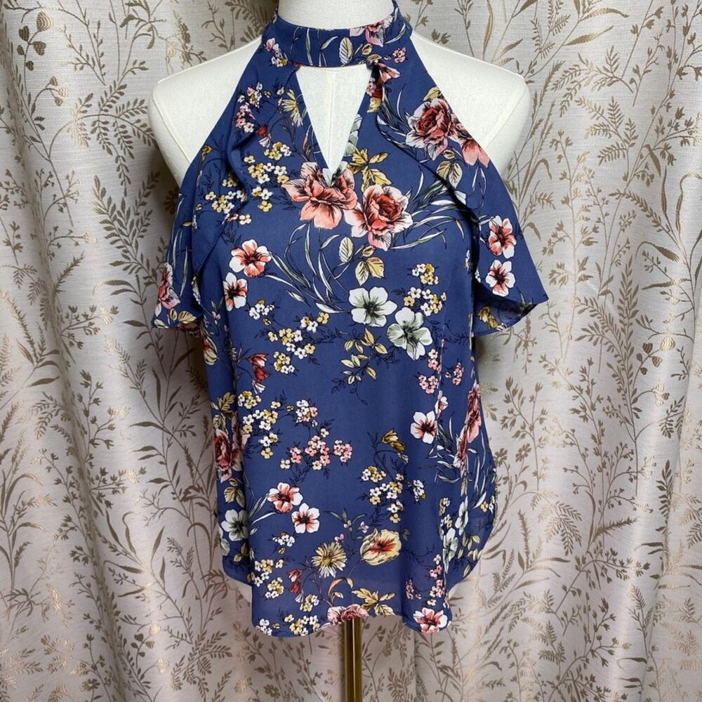 IZ BYER Blue Floral Ruffle Halter Top Small Keyhole Romantic Boho Cottagecore